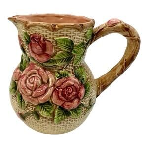 Vintage Majolica Handpainted Pitcher Raised Relief Pink Roses & Basket Weave